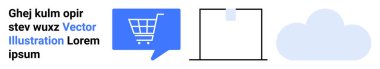 Mavi bir mesaj baloncuğunun içinde alışveriş arabası, boş bir belge ve bir bulut. E-ticaret, iletişim, online alışveriş, dijital depolama, bulut bilgisayarı, belgeler, web arayüzü için ideal. İniş