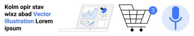 Analitik gösterge paneli olan dizüstü bilgisayar, bildirim ikonlu siyah alışveriş arabası, mavi mikrofon. E-ticaret, analitik, veri görselleştirme, çevrimiçi alışveriş, dijital pazarlama, sesli arama için ideal