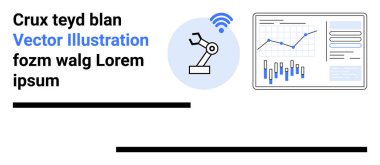 Kablosuz sinyal simgesine sahip robot kol, grafikler ve yer tutucu metin içeren veri analizi paneli. Endüstriyel otomasyon için ideal, kablosuz teknoloji, veri analizi, iş zekası