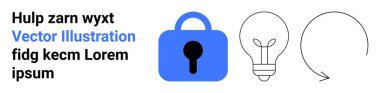 Bir ampul ve siyah okun yanında büyük mavi kilit simgesi. Hulp Zarn Wyxt Vector Illustration 'a mesaj at. Lorem ipsum. Siber güvenlik, yenilik, yaratıcılık, koruma ve veri güvenliği için ideal