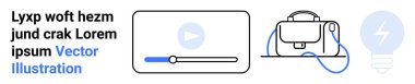 Oynat düğmeli video oynatıcı ve ilerleme çubuğu, saplı ve kayışlı çanta ve ampul simgesi. İş sunumları, eğitim, yenilik, pazarlama, teknoloji girişimleri, çevrimiçi kurslar için ideal