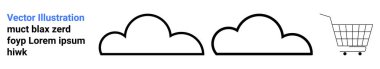İki bulutun taslağı ve yer tutucu metnin yanında bir alışveriş arabası. E-ticaret, dijital pazarlama, bulut hizmetleri, çevrimiçi mağazalar ve web sitesi dekorasyonu için ideal. İniş sayfası için pankart