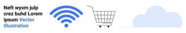 Kablosuz sinyal simgesi, tekerlekli alışveriş arabası ve çeşitli renklerde yer tutucu metni olan bulut. E-ticaret, dijital hizmetler, teknoloji, çevrimiçi alışveriş, bağlantı, bulut depolama için ideal