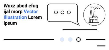 Konuşma balonu, endüstriyel fabrika, lorem ipsum metin, yatay çizgiler. Ticari iletişim, imalat, kurumsal sunumlar, endüstriyel temalar, web sitesi tasarımı, bilgi grafikleri için ideal