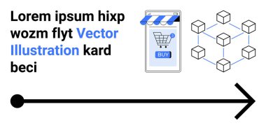 Satın alma düğmeli akıllı telefon, ağ yapısını engelleme, yön oku ve metin. E-ticaret, teknoloji, engelleme zinciri, pazarlama, dijital finans, iş stratejisi ve web sitesi düzeni için ideal