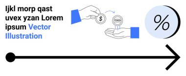 Jeton ile el değiştirme, büyük yüzdelik işareti, sağ tarafı gösteren uzun ok. Finans hizmetleri, fintech, kripto para birimi, yatırım, bankacılık, ekonomik büyüme, işletme için ideal