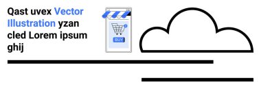 Satın alma düğmesi, siyah bulut simgesi ve yer tutucu metin ile mobil mağaza önü. E-ticaret, dijital pazarlama, perakende teknolojisi, mobil uygulamalar, çevrimiçi hizmetler, bulut hesaplama ve web tasarımı için ideal