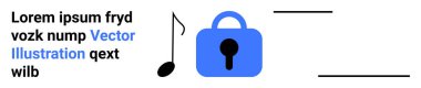 Mavi asma kilit simgesinin yanında müzik notaları güvenli müzik içeriğini simgeler. Lorem ipsum metin tutucu. Müzik akışı hizmetleri, dijital hak yönetimi, çevrimiçi güvenlik, uygulama geliştirme için ideal