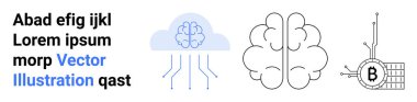 Bulut hesaplama, beyin şekilleri ve yapay zeka, teknoloji ve kripto para birimini gösteren Bitcoin sembollerinin birleşimi. Teknoloji blogları, finans makaleleri, yapay zeka tartışması, veri bilimi, kripto para birimi için ideal