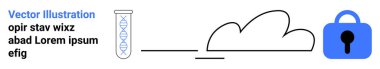 DNA sarmallı test tüpü, bulut simgesi ve asma kilide bağlı, veri güvenliğini temsil ediyor. Genetik araştırma, bulut depolama, veri şifreleme, sağlık güvenliği, biyoenformatik, bulut