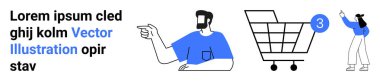 Üç ana obje, karakter gösterimi, tebligatlı alışveriş arabası, cep telefonu olan karakter. E-ticaret, çevrimiçi alışveriş, web promosyonları, kullanıcı bildirimleri, mobil ticaret, dijital