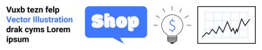 Dükkan ikonu, dolar işaretli ampul ve iş grafiği. E-ticaret, pazarlama stratejileri, finansal büyüme, iş geliştirme ve çevrimiçi alışveriş için ideal. İniş sayfası için pankart