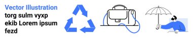 Geri dönüşüm sembolü, kablolu laptop çantası, şemsiye tutan kişi. Sürdürülebilirlik, teknoloji, iş, eğitim, seyahat, açık hava ve hava temaları için idealdir. Pazarlama için çok yönlü kullanım