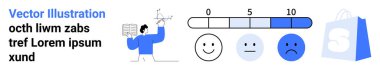 Verileri sunan, 0 'dan 10' a kadar değerlendirme yapan, farklı duygular gösteren duygu simgeleri ve bir alışveriş çantası olan bir adam. Geri bildirim sistemleri, anketler, müşteri memnuniyeti, iş değerlendirmeleri için ideal