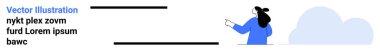 Arkasında bulutlar olan akıllı telefonu tutan ve kullanan bir kadın. Teknoloji, iletişim, sosyal medya, mobil uygulamalar, dijital pazarlama, bulut hizmetleri ve teknik destek için ideal. Pankart