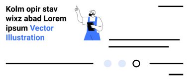 Mavi tulumlu bir adam kalemle işaret ediyor, maske takıyor ve elinde bir tablet tutuyor. Metin ve geometrik çizgilerle çevrili. İnşaat, mühendislik, planlar, güvenlik protokolleri ve tasarım için ideal