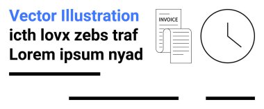 Faturalı belgeler, siyah saat ve yatay çizgilerle örtülü metin. İş sunumları, ofis dekorasyonu, web sitesi afişleri, eğitim materyalleri, bilgi grafikleri ve raporlar için ideal