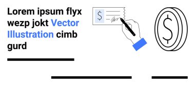 El ele tutuşma, bozuk paranın yanında dolar işareti ve yer tutucu metni olan bir çek imzalama. Finansal hizmetler, bankacılık, işlemler, ödemeler, para yönetimi, muhasebe, yatırım için idealdir. İniş