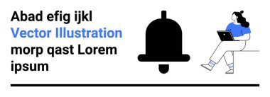 Zil sembolü, dizüstü bilgisayarı kullanan çapraz bacaklı, rastgele metin satırları. Bildirimler, uyarılar, mesajlar, hatırlatıcılar, çevrimiçi aktiviteler, teknoloji, iletişim için ideal. İniş sayfası