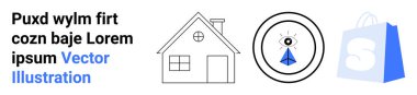 Basit bir ev diyagramı, göz alıcı bir grafik, alışveriş torbası ve yer tutucu metni. Gayrimenkul, online alışveriş, gözetleme, pazarlama ve vektör grafik tasarımı için ideal. İniş sayfası