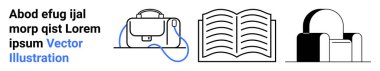Sırt çantası, açık kitap ve mavi metinli sandalye simgeleri. Eğitim, ofis, işyeri, eğitim materyalleri, e-öğrenim, okuma kaynakları ve webinarlar için idealdir. İniş sayfası