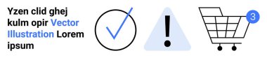 Bildirimli alışveriş arabası, uyarı sembolü ve örnek metin içeren işaretleme simgeleri. E-ticaret, dijital pazarlama, çevrimiçi mağaza, bildirimler, uyarılar, onay süreçleri, hatırlatıcılar için ideal