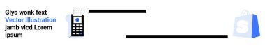 Mavi alışveriş çantasının yanında ödeme uygulaması olan cep telefonu. Çevrimiçi alışveriş, mobil ödemeler, dijital işlemler, e-ticaret ve elektronik faturalar için ideal. İniş sayfası