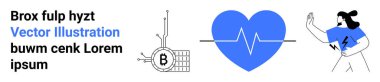 ECG çizgisi olan mavi kalp, gövdesinde yıldırım ve Bitcoin sembolü olan bir insan. Kripto para birimi, sağlık izleme, teknoloji uygulamaları, fintech, tıbbi uygulamalar, veri güvenliği, dijital
