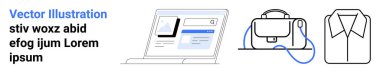 Dizüstü bilgisayarda mavi aksanlı bir web sayfası, kayışlı bir evrak çantası ve elbise gömleği var. Web siteleri, iş araçları, dijital pazarlama, ecommerce, teknoloji, ofis malzemeleri, profesyonel