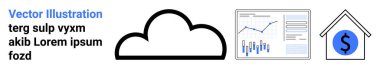 Bulut taslağı, veri analizi grafikleri, dolar işaretli ev. İş entegrasyonu, bulut hesaplaması, mali yönetim, veri analizi, ekonomik büyüme, yatırım stratejileri için ideal
