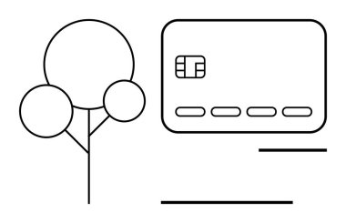 Credit card outline with tree illustration, lines indicating separation of elements. Ideal for financial services, banking, eco-friendly initiatives, digital payments, minimalistic designs clipart