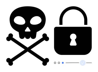 Kafatası ve çapraz kemikler asma kilidin yanında. Siber güvenlik, veri koruması, çevrimiçi güvenlik, dijital güvenlik, hackleme, kötü amaçlı yazılım savunması ve gizlilik endişeleri için ideal. Satır metaforu