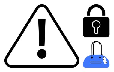 Üçgende uyarı işareti, güvenliği simgeleyen siyah asma kilit ve etiketli mavi bir çanta. Güvenlik uyarıları, çevrimiçi güvenlik, kişisel güvenlik, hırsızlık önleme, mahremiyet için ideal