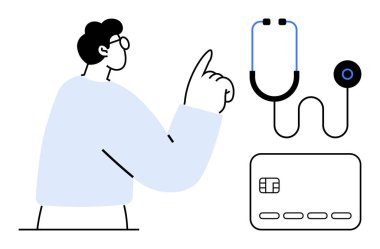 Stetoskop ve kredi kartına doğru el kol hareketi yapan bir sağlık uzmanı. Teletıp, sağlık sigortası, mali planlama, sağlık hizmetleri, sağlık teknolojisi, ödeme çözümleri için ideal