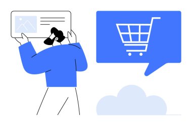 Kişi tutma cihazı ve online içeriği konuşma baloncuğuyla gösteren alışveriş arabası. E-ticaret, çevrimiçi alışveriş, dijital pazarlama, bulut hizmetleri, teknoloji, tüketici davranışı için ideal