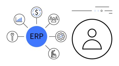 Merkezi ERP dairesi finans, HR, analitik, araç gereç, üretim ve teçhizatı temsil eden altı ikona sahiptir. Tek kullanıcı simgesi. İş entegrasyonu, işlemler yönetimi ve süreç için ideal