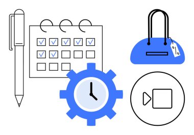 Kontrol işaretli takvim, kalemli mavi dişli saat, etiketli el çantası ve çalma düğmesi simgesi. Zaman yönetimi, verimlilik, organizasyon planlama perakende ve medya için ideal. Çizgi