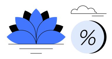 Siyah aksanlı mavi nilüfer, çizgili bulut ve çemberin içindeki yüzde sembolü. Finans, refah, berraklık, büyüme, güzellik, doğa ve değer temaları için idealdir. Satır metaforu