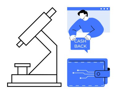 Mikroskop, elinde nakit para levhası ve dijital cüzdan tutan adam. Bilim, teknoloji, finans, online işlemler, teşvikler için idealdir. Kıtır hatlar, dijital biçim, mavi ve beyaz renkler