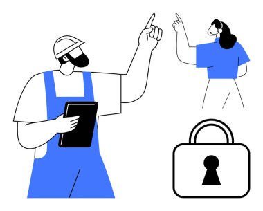Tabletle yukarı bakan inşaat işçisi, kulaklık takan kadın ve anahtar delikli büyük asma kilit. İnşaat, takım çalışması, güvenlik, teknoloji, iletişim, güvenlik için ideal