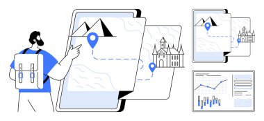 Sırt çantalı bir adam dijital haritayla etkileşime geçiyor. Dağlar ve kaleler arasındaki rotaları gösteriyor. Seyahat uygulamaları, seyrüsefer araçları, seyahat planlaması, turizm tanıtımı, tarihi keşifler için ideal