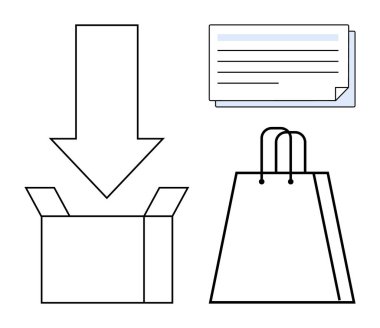 Aşağı doğru ok açık bir kutuyu işaret ediyor, alışveriş torbası ve belge online alışveriş aşamalarını temsil ediyor - sipariş, paket, teslim alma. E-ticaret, dağıtım hizmetleri, lojistik ve çevrimiçi perakende için ideal
