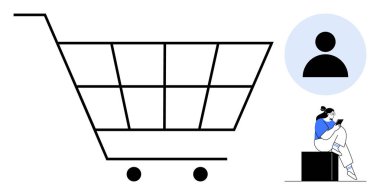 Akıllı telefon kullanan bir kadın büyük bir alışveriş arabası ve kullanıcı profili sembolünün yanında oturuyor. Çevrimiçi alışveriş, perakende satış, müşteri hizmetleri, teknoloji, e-ticaret, dijital pazarlama, kullanıcı etkileşimi için ideal