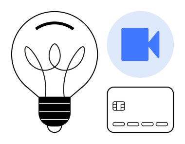 Yeniliği sembolize eden ampul, dijital iletişim için kamera ikonu, finans için kredi kartı. Teknoloji blogları için ideal, fintech, beyin fırtınası, uzaktan çalışma, girişimcilik, online