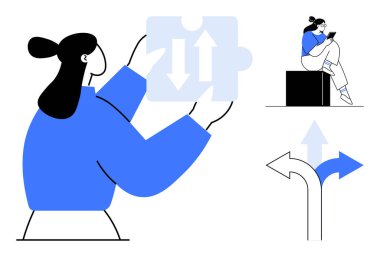 Elinde yön işaretleri olan bir yapboz parçası tutan bir kadın, blokta oturan başka bir kadın telefonuna bakıyor, farklı yönleri gösteren oklar kesişiyor. Karar verme ve sorun çözme için ideal.