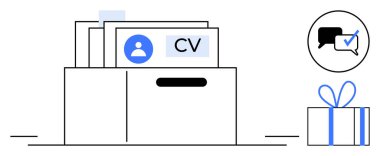 Çekmecede CV 'ler, listeli bir konuşma balonu ve paketlenmiş bir hediye. İşe alım süreçleri, işe alım, İK, kariyer hizmetleri, iş başvuruları, çalışan memnuniyeti ve performans değerlendirmeleri için ideal