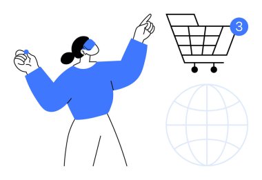 Dijital alışveriş arabası ve küreye doğru hareket eden bir kadın. E-ticaret, çevrimiçi alışveriş, dijital işlemler, küresel iş, İnternet iletişimi, perakende satış ve pazarlama kavramları için idealdir. Çizgi