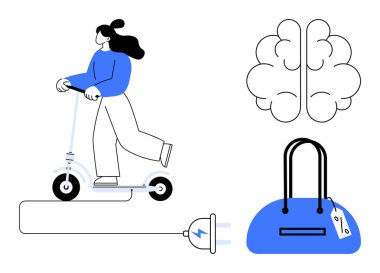 Kadın elektrikli scooter, beyin ikonu, fiyat etiketli el çantası ve elektrik prizi kullanıyor. Teknoloji için ideal, akıllı ulaşım, beyin aktivitesi, moda, alışveriş çevresi dostu ve modern