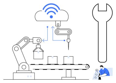 Taşıyıcı banttaki robotik kol, buluta bağlı kutular. İngiliz anahtarı kullanan bir teknisyen. Endüstriyel otomasyon, bulut bilgisayarı, robot bilimi, yapay zeka entegrasyonu, imalat ve teknik destek için ideal