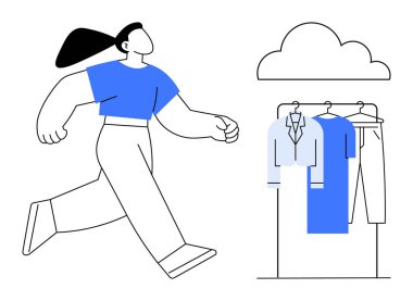 Üzerinde gömlek, elbise ve pantolon da dahil olmak üzere bulutların altında yüzen bir giysi rafının yanından dalgalı saçlarla geçen kişi. Moda uygulamaları, online alışveriş, bulut depolama, e-ticaret, dijital